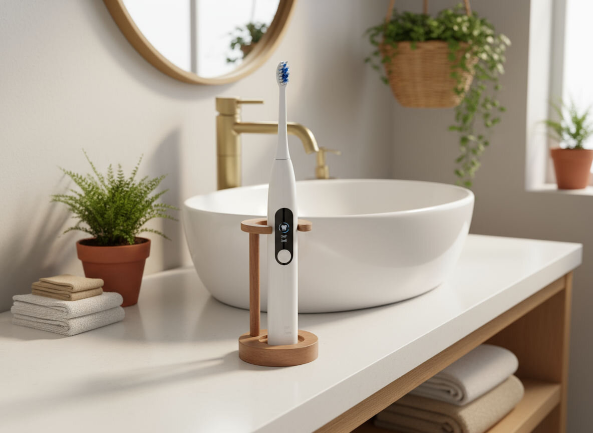 GÖTZE & JENSEN ST300 Biała szczoteczka soniczna umieszczona w drewnianym uchwycie na białym blacie. Obok znajduje się okrągła, biała umywalka i złota bateria. Na wyświetlaczu szczoteczki widać tryby Clean i Soft