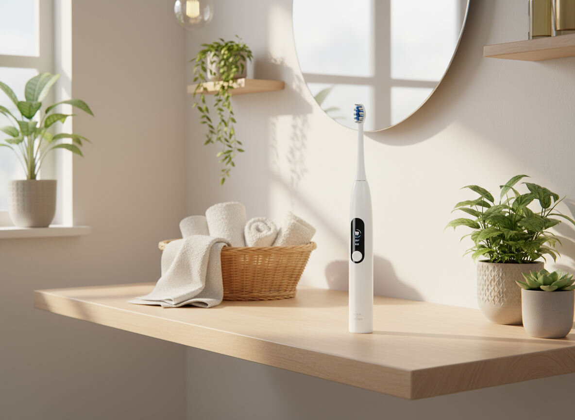 Szczoteczka GÖTZE & JENSEN ST300 Biała szczoteczka soniczna stojąca na drewnianym blacie łazienkowym, otoczona roślinami doniczkowymi. Obok szczoteczki widoczny jest wiklinowy koszyk wypełniony zwiniętymi ręcznikami. W tle okrągłe lustro i jasne okno.