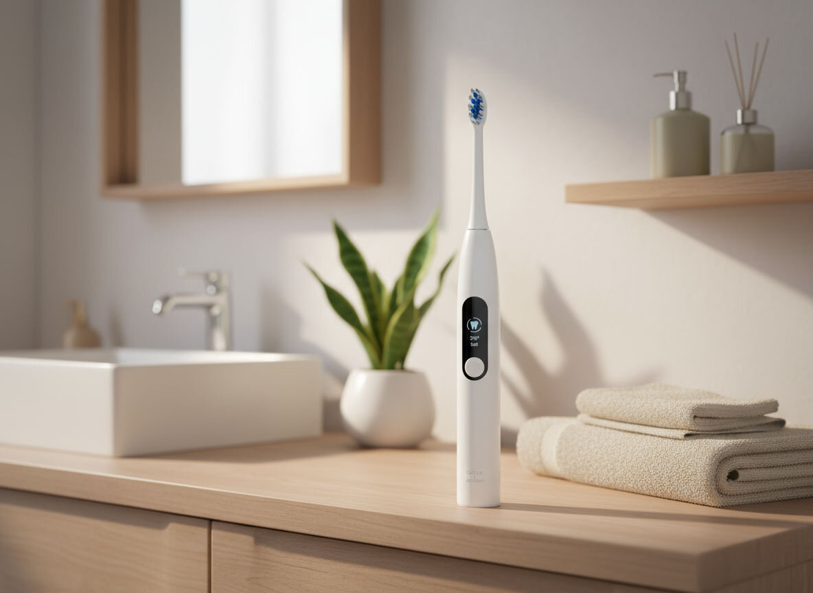 GÖTZE & JENSEN ST300 Biała szczoteczka soniczna stojąca na drewnianym blacie łazienkowym obok kwadratowej umywalki. Na wyświetlaczu szczoteczki widoczne są ustawienia 360° i Clean. W tle widać złożone ręczniki i roślinę doniczkową.