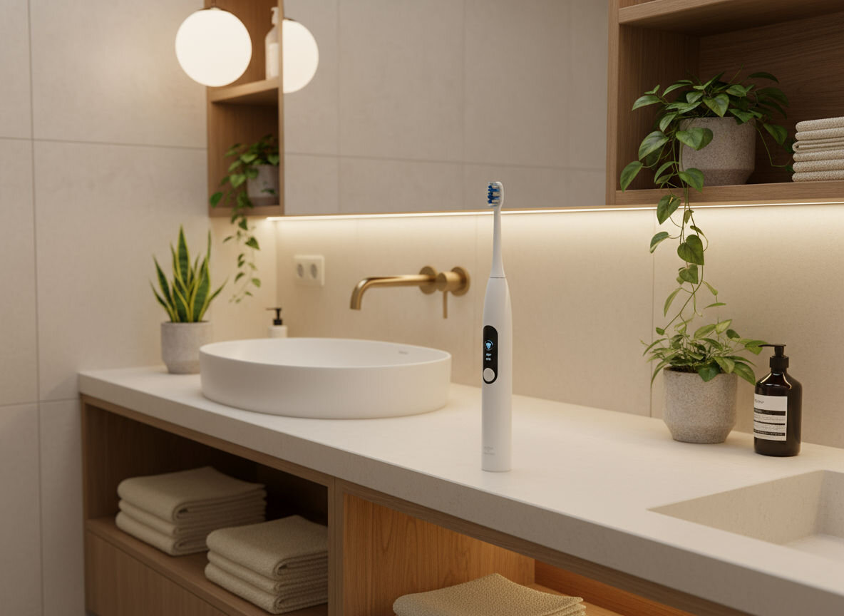Szczoteczka soniczna GÖTZE & JENSEN ST300 Biała szczoteczka soniczna stojąca na podświetlanym blacie w nowoczesnej łazience. W tle widać minimalistyczną, okrągłą umywalkę i baterię ścienną w kolorze złotym. Wyświetlacz szczoteczki pokazuje tryby pracy.