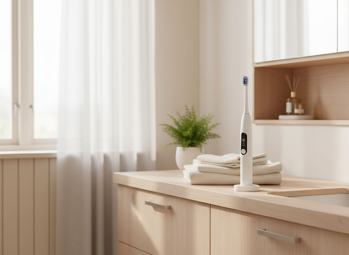 Wodoodporna szczoteczka GÖTZE & JENSEN ST300 Biała szczoteczka soniczna stojąca na jasnym, drewnianym blacie w łazience, obok stosu złożonych, beżowych ręczników. Tło jest jasne, dominuje duże okno z półprzezroczystą, białą zasłoną.