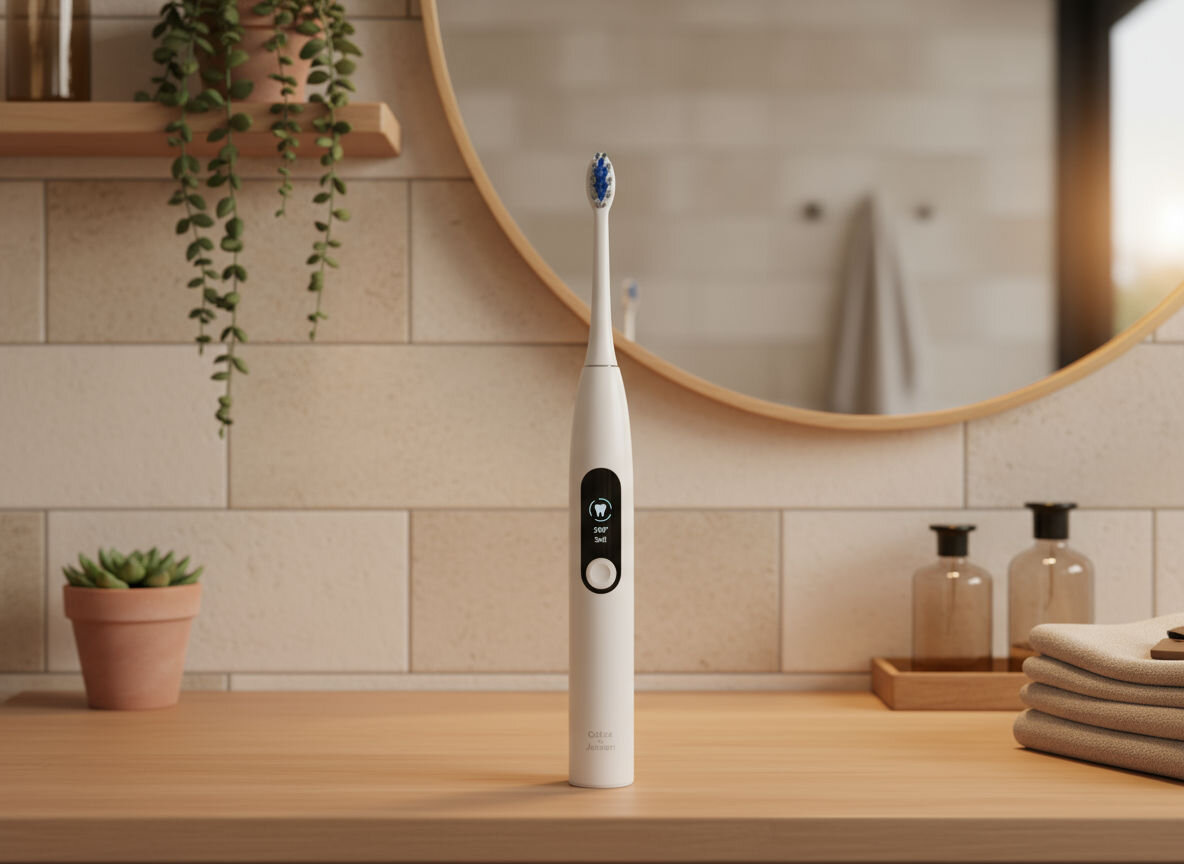 GÖTZE & JENSEN ST300 Biała szczoteczka soniczna stojąca centralnie na jasnym, drewnianym blacie w łazience o kafelkach w stylu cegły. Na wyświetlaczu widoczne są ustawienia 360° i Clean. W tle okrągłe lustro i ręczniki w stosie.