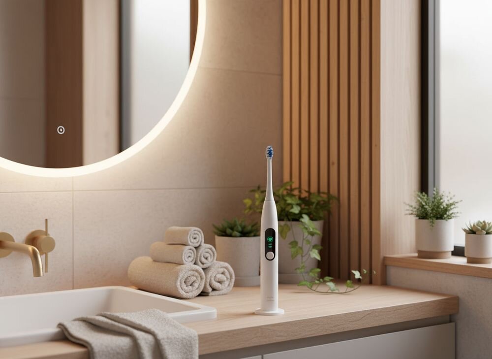 Szczoteczka soniczna GÖTZE & JENSEN ST300 stojąca na blacie w łazience