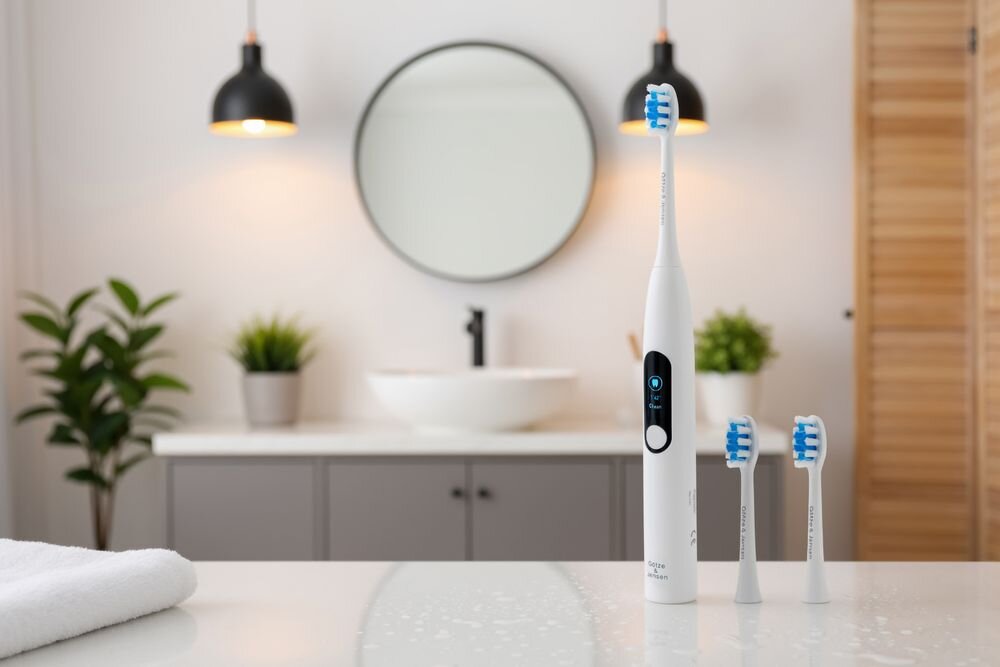 Szczoteczka soniczna GÖTZE & JENSEN ST300 stojąca na blacie w łazience