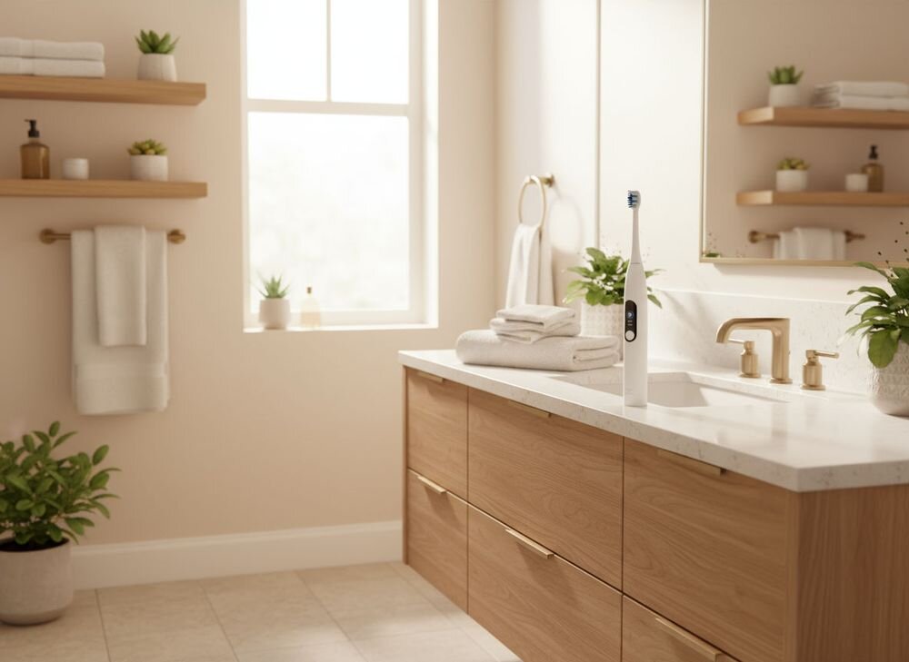 Szczoteczka soniczna GÖTZE & JENSEN ST300 stojąca na blacie w łazience