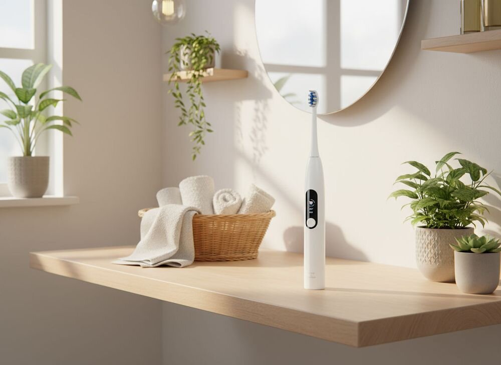 Szczoteczka soniczna GÖTZE & JENSEN ST300 stojąca na blacie w łazience