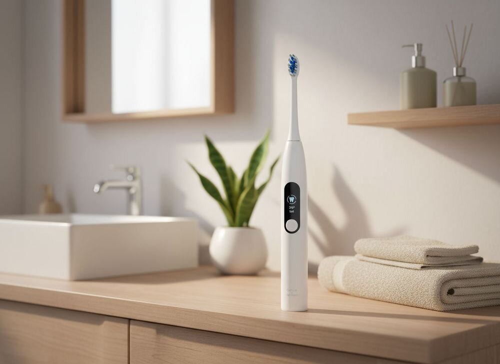 Szczoteczka soniczna GÖTZE & JENSEN ST300 stojąca na blacie w łazience