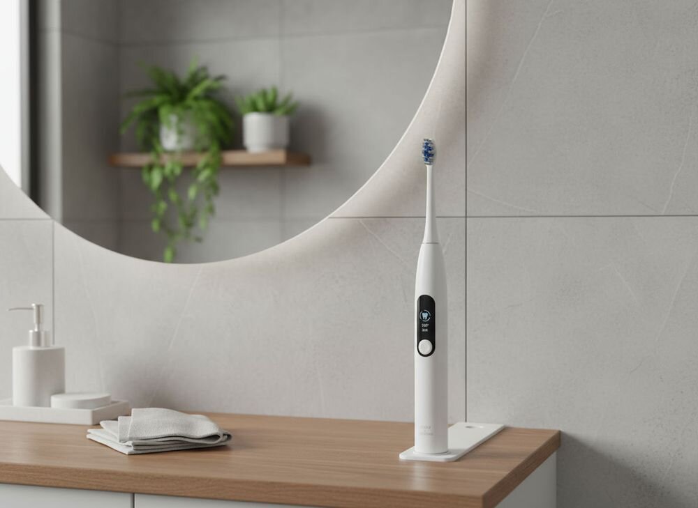 Szczoteczka soniczna GÖTZE & JENSEN ST300 stojąca na blacie w łazience