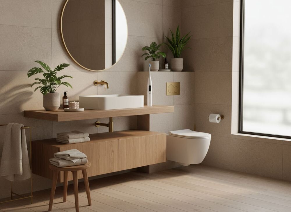 Szczoteczka soniczna GÖTZE & JENSEN ST300 stojąca na blacie w łazience