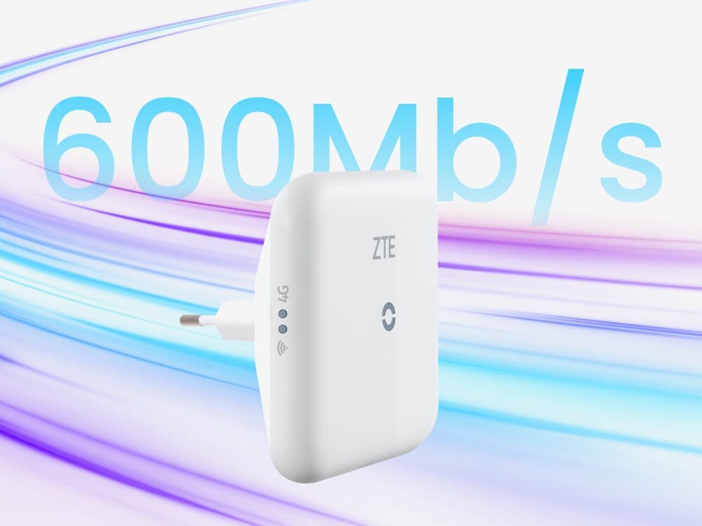 Router ZTE MF17B Nowoczesny router ZTE 4G LTE na tle dynamicznych, niebiesko-fioletowych linii podkreślających prędkość do 600 Mbps. Obraz symbolizuje stabilną i wydajną pracę urządzenia w domowej lub biurowej sieci.