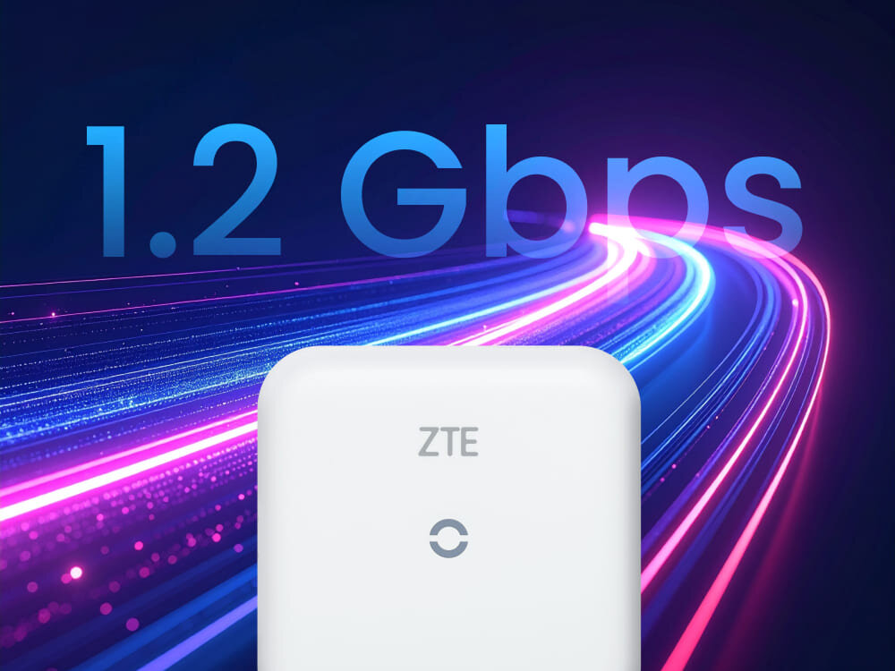 Router ZTE MF17B Router ZTE na tle dynamicznych, neonowych smug światła, a nad nim napis „1.2 Gbps”. Obraz symbolizuje szybki przesył danych i sprawną obsługę wymagających usług, takich jak streaming i wideokonferencje.