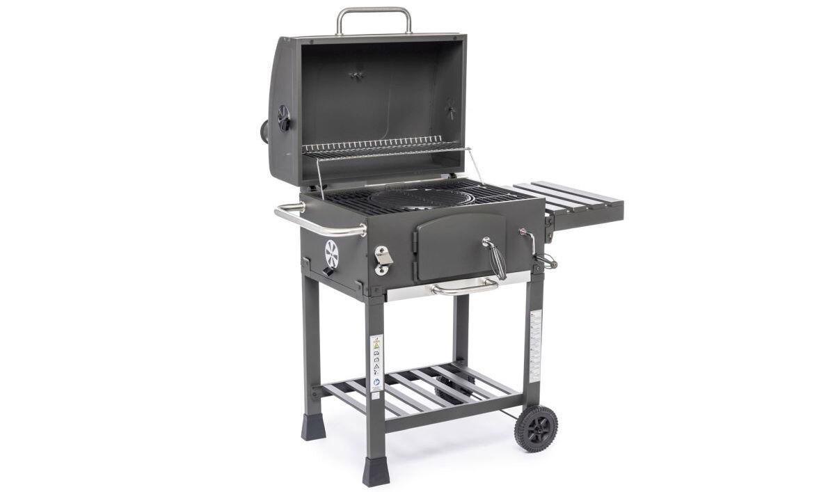 Grill węglowy ACTIVA Angular 11245K z kominem 57.5 x 42 cm, Grilluj tak, jak lubisz, Gril pokazany od frontu prawo skos, pokazany w pełni otwarty