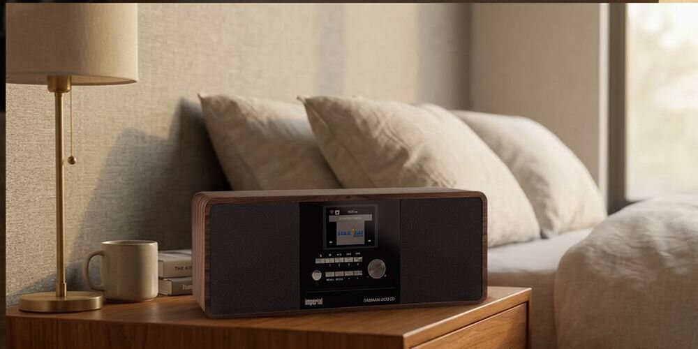 IMPERIAL Dabman i200 radio internetowe DAB+ FM odtwarzacz CD Bluetooth Wi-Fi obudowa w stylu drewna, Radioodtwarzacz stojący na stoliku w sypialni