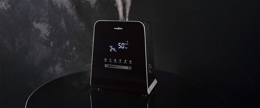 Nawilżacz NEDIS HUMI150BKW Technologia, która czuje z wbudowanym higrometrem automatycznie dostosowuje potrzeby aplikacja SmartLife kontrola sprytne rozwiązanie zbiornik pojemność atmosfera