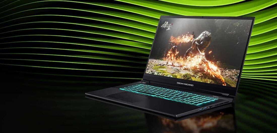 Laptop DREAMMACHINES RT5080 - Laptop DREAMMACHINES RT5080 z zielonym tłem, prezentujący rozgrywkę na ekranie. NVIDIA GeForce RTX x serii 50, NVIDIA Blackwell NVIDIA DLSS 4