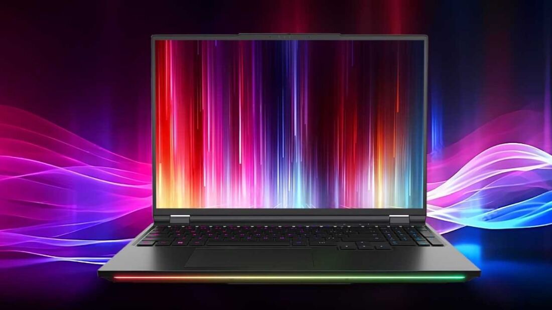 Laptop DREAMMACHINES RT5090 - Laptop DREAMMACHINES RT5090 z kolorowymi światłami, prezentujący design i dynamiczną estetykę. Panel WQXGA o rozdzielczości 2560 x 1600 px