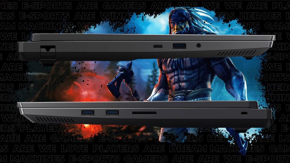Laptop DREAMMACHINES RX5070TI - Laptop DREAMMACHINES RX5070TI z wizerunkiem mężczyzny w tle, ukazujący złącza urządzenia. port audio 3.5mm Combo Jack 2 razy 2 W głośniki Nahimic Equalizer