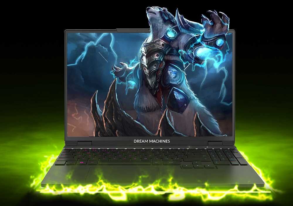 Laptop DREAMMACHINES RX5090 - Na zdjęciu przedstawiony jest laptop gamingowy DREAMMACHINES RX5090, dobry do intensywnej rozgrywki. 