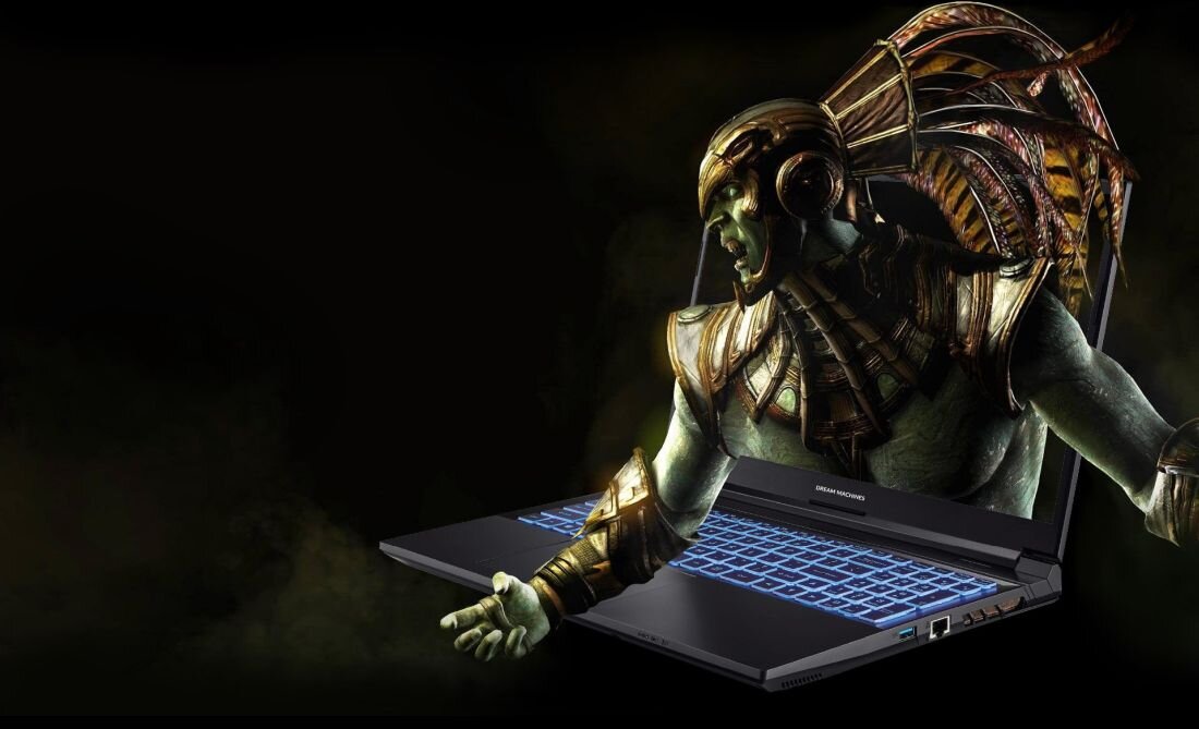 Laptop DREAMMACHINES RX5090 - Laptop DREAMMACHINES RX5090 z mężczyzną w zbroi na ekranie, symbolizujący połączenie technologii i fantastyki. TGP (Total Graphics Power)