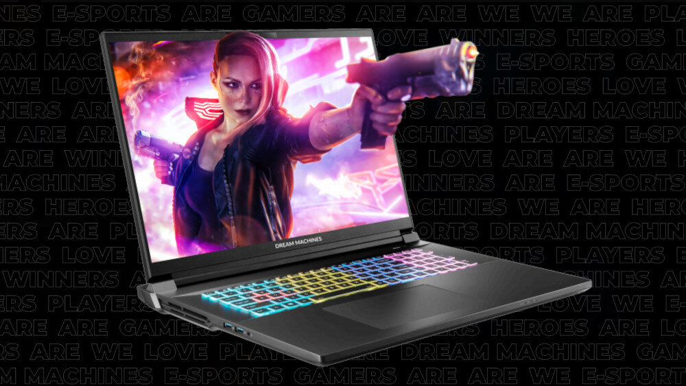 Laptop DREAMMACHINES RX5090 - Laptop DREAMMACHINES RX5090 z klawiaturą gamingową i wizerunkiem kobiety na ekranie. Podświetlana klawiatura RGB (Per-Key)