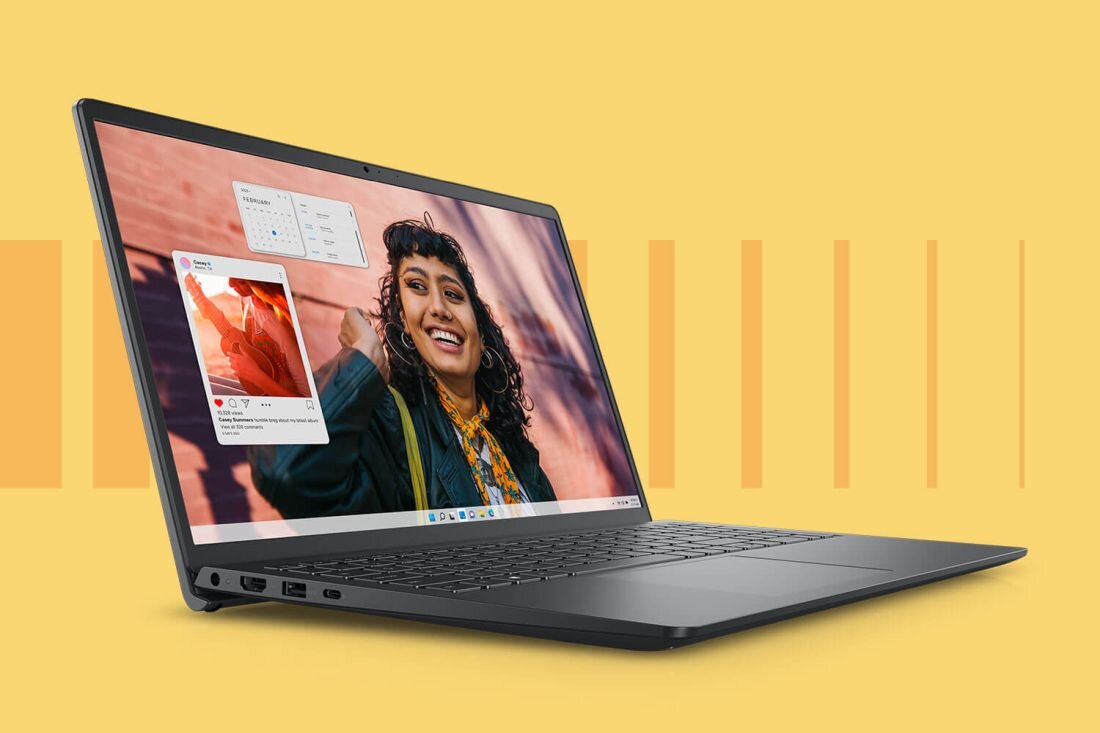 Laptop DELL Inspiron 3530 z wyświetloną fotografią kobiety na ekranie. - Wygodna praca, Płynność obrazu