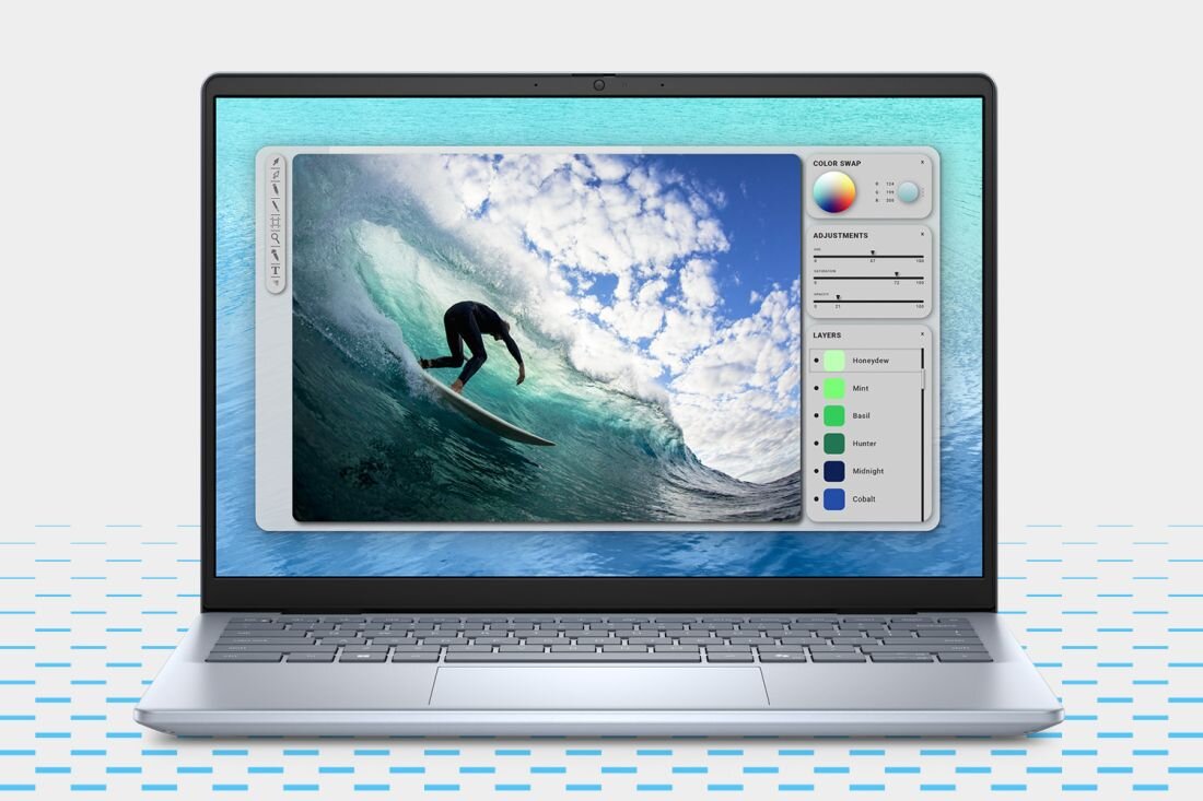 Laptop DELL Inspiron 5440 - Laptop DELL Inspiron 5440 z wyświetloną fotografią surfera na ekranie. wbudowana kamera głośniki stereo 