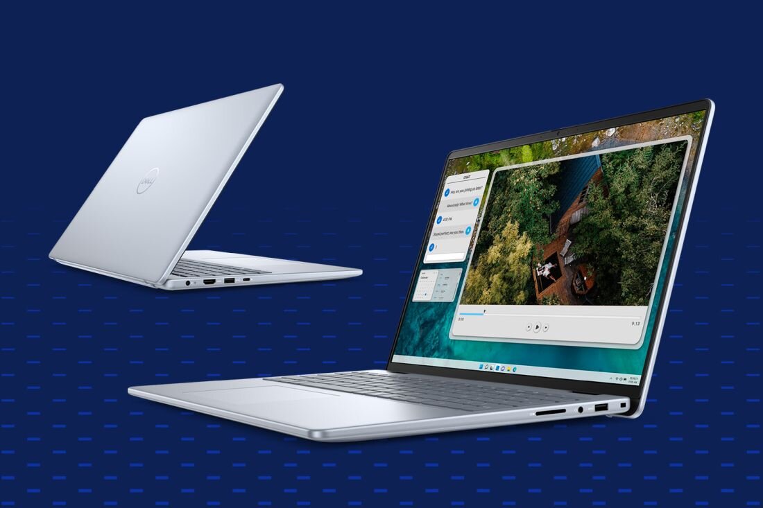 Dwa laptopy Dell Inspiron 5640 na granatowym tle – jeden zamknięty, drugi otwarty z widocznym ekranem prezentującym rozmowę i kalendarz, widoczne porty boczne. - Opis serii Inspiron