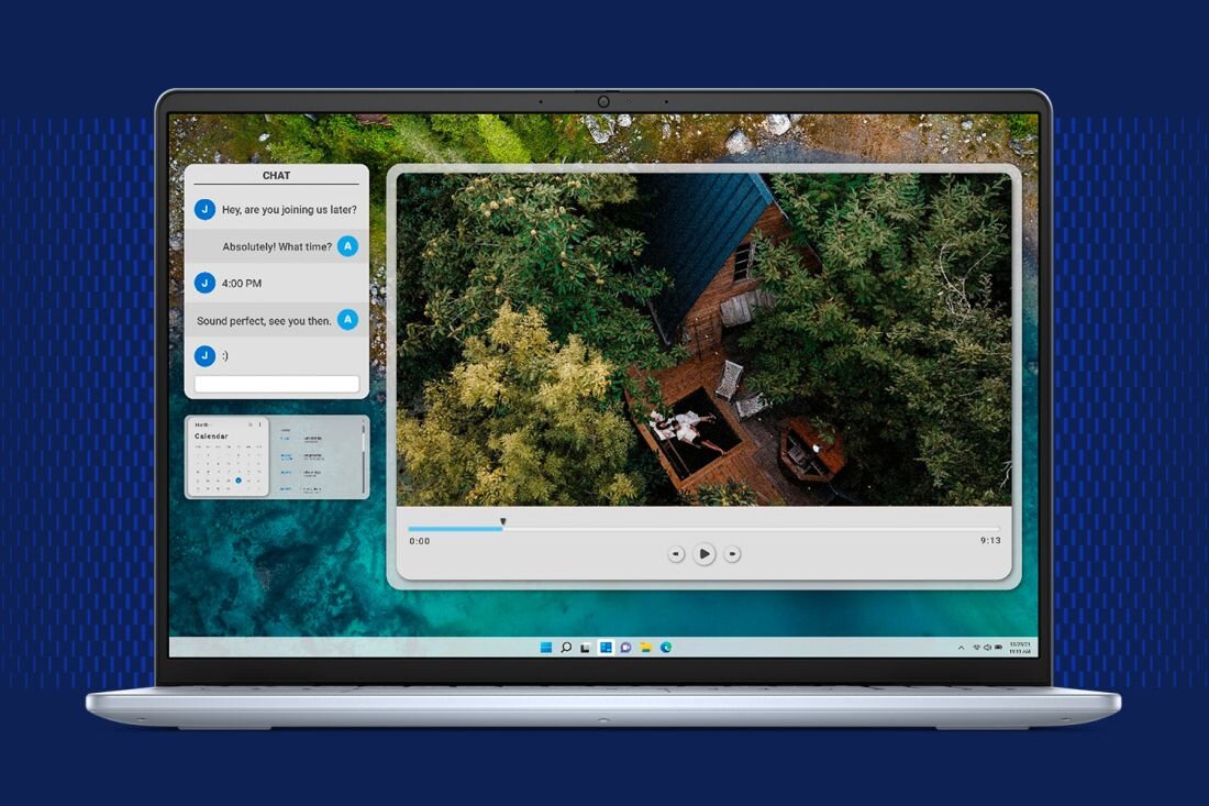 Zbliżenie na ekran laptopa Dell Inspiron 5640 prezentującego rozmowę i kalendarz, cienkie ramki, funkcja ComfortView ograniczająca emisję niebieskiego światła. - ComfortView 1920 x 1200 px