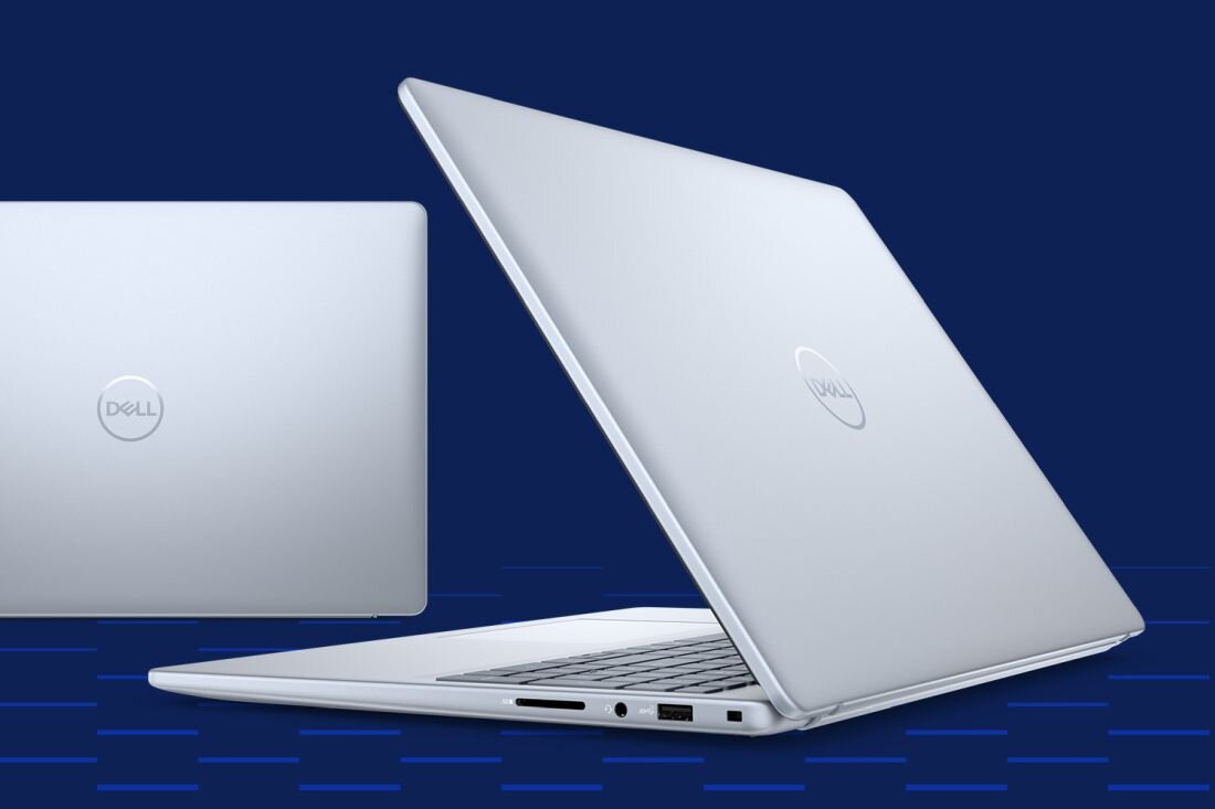 Dwa laptopy Dell Inspiron 5640 w kolorze srebrnym na granatowym tle – jeden zamknięty, drugi częściowo otwarty, widoczne logo Dell na pokrywie. - Solidne wykonanie