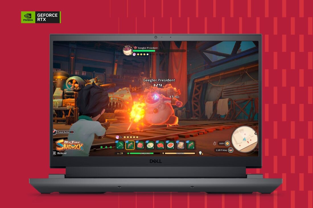 Laptop Dell G15 otwarty na czerwonym tle, ekran prezentujący grę akcji, logo GeForce RTX w lewym górnym rogu, wyraźne krawędzie obudowy i klawiatura z wyraźnymi klawiszami. - AMD Ryzen NVIDIA RTX SSD