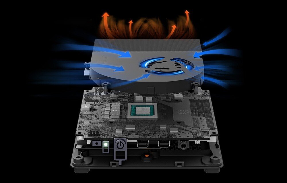 Komputer MINISFORUM Venus UM790 Pro Przekrój techniczny stacji MINISFORUM pokazujący system chłodzenia z wentylatorem i przepływem powietrza.