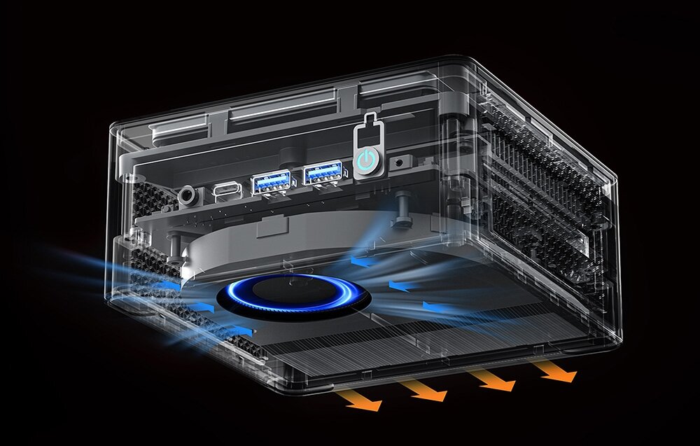 Komputer MINISFORUM EliteMini UM890 Pro Przekrój Minisforum: widok na system chłodzenia z wentylatorem i cyrkulację powietrza.