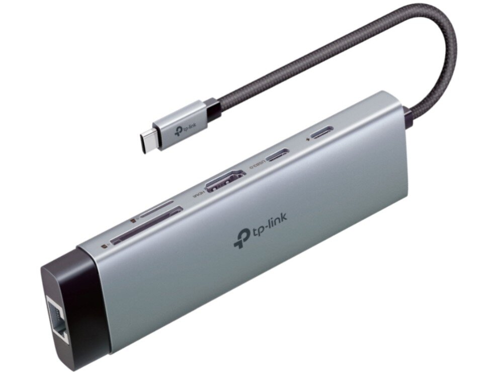 Hub TP-LINK UH9120C Zdjęcie produktowe szarego adaptera z krótkim, plecionym kablem zakończonym wtykiem USB-C, pokazujące zestaw portów na bocznej krawędzi