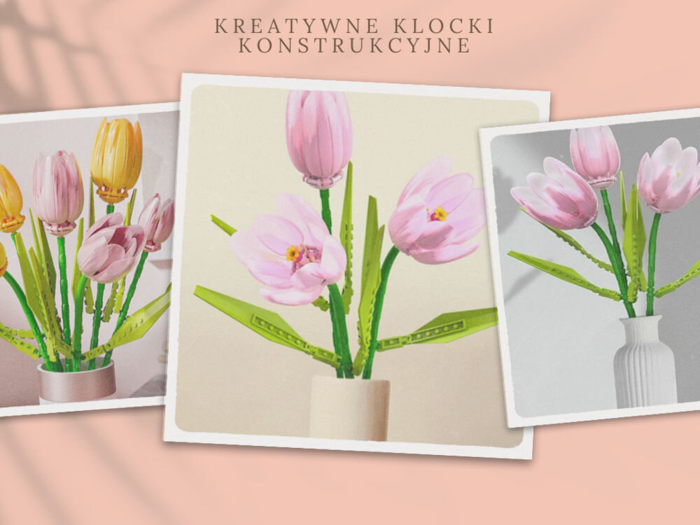 Klocki plastikowe QBI Fioletowy tulipan SA260508 opakowanie kwiaty w bukiecie i osobno napisy 413 klocków wiek 6+ wysoka jakość