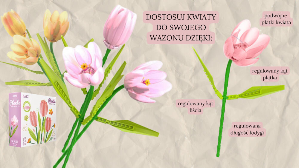 Klocki plastikowe QBI Fioletowy tulipan SA260508 widok na kwiaty z góry pojedyncze kwiaty relaks szczegółowe elementy płatki liście łodygi dowolne ustawienie