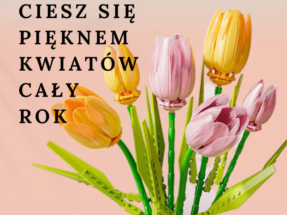 Klocki plastikowe QBI Fioletowy tulipan SA260508 złożony bukiet napisy 413 klocków wiek 6+ wysoka jakość spersonalizowane aranżacje efektowna dekoracja do każdego pomieszczenia realistyczne kształty żywe kolory
