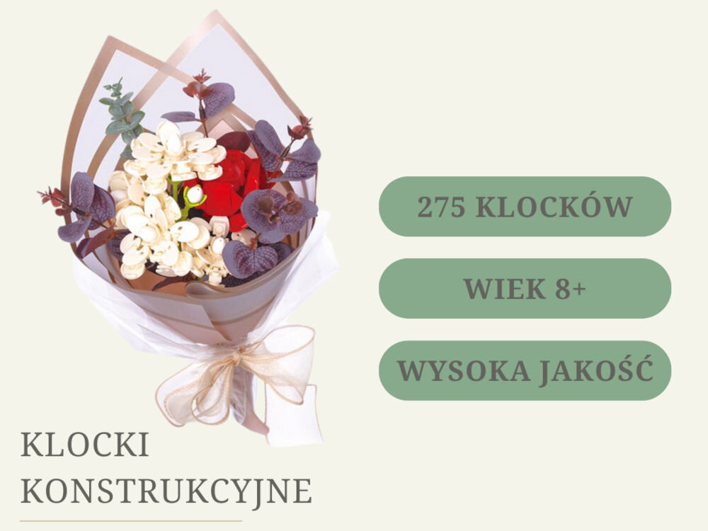 Klocki plastikowe QBI Fioletowy bukiet kwiatów SA260501 złożony bukiet napisy 413 klocków wiek 6+ wysoka jakość spersonalizowane aranżacje efektowna dekoracja do każdego pomieszczenia realistyczne kształty żywe kolory
