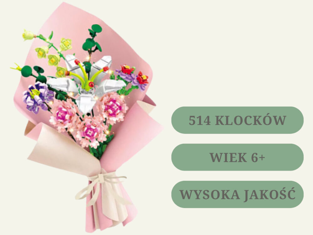 Klocki plastikowe QBI Uroczy bukiet kwiatów SA263599 złożony bukiet napisy 413 klocków wiek 6+ wysoka jakość spersonalizowane aranżacje efektowna dekoracja do każdego pomieszczenia realistyczne kształty żywe kolory