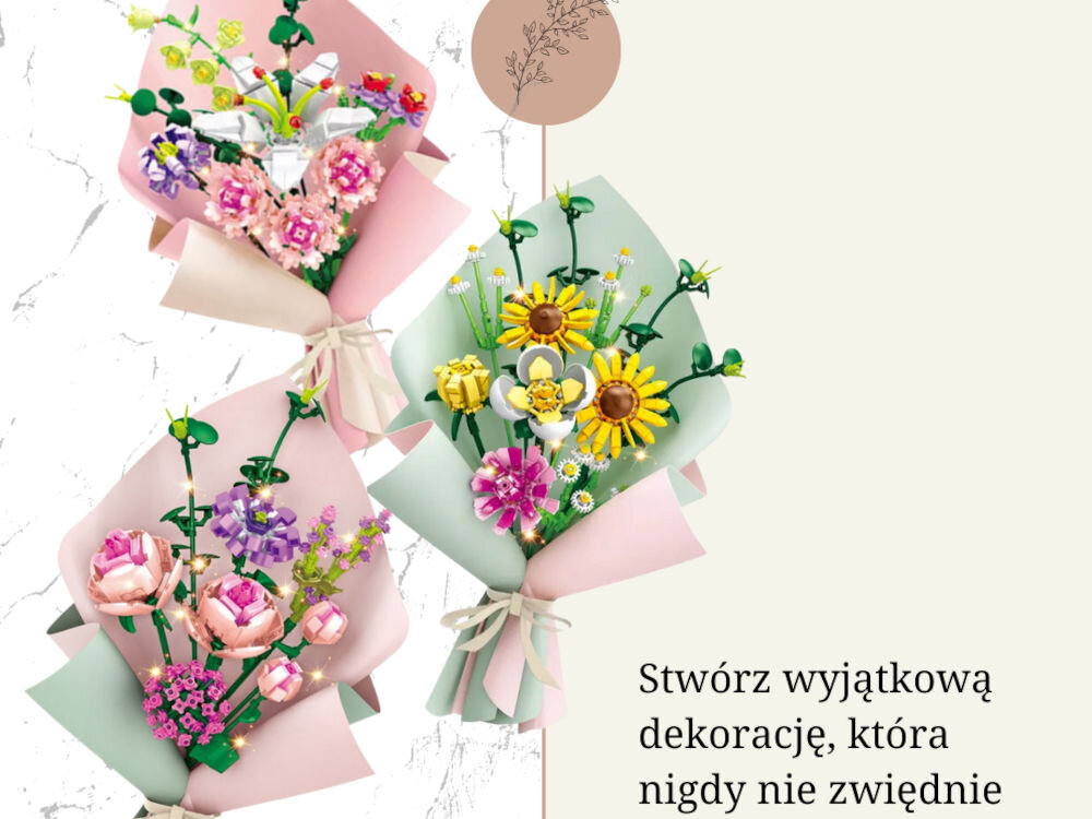Klocki plastikowe QBI Uroczy bukiet kwiatów SA263599 kilka bukietów różne rodzaje wytrzymały plastik abs łatwy montaż dobre dopasowanie bezpieczna powierzchnia przyjazne dla dzieci