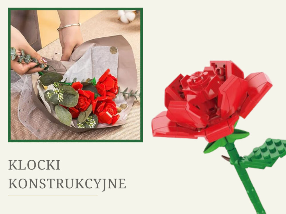 Klocki plastikowe QBI Czerwony bukiet kwiatów SA260500 widok na kwiaty z góry pojedyncze kwiaty relaks szczegółowe elementy płatki liście łodygi dowolne ustawienie