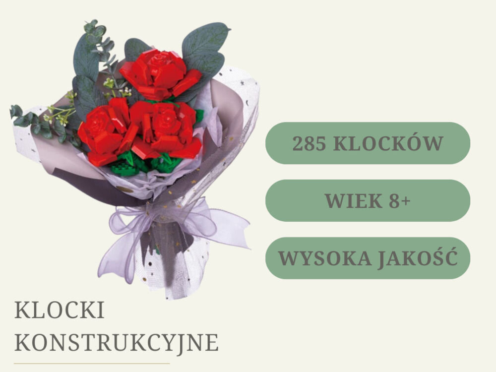 Klocki plastikowe QBI Czerwony bukiet kwiatów SA260500 złożony bukiet napisy 413 klocków wiek 6+ wysoka jakość spersonalizowane aranżacje efektowna dekoracja do każdego pomieszczenia realistyczne kształty żywe kolory