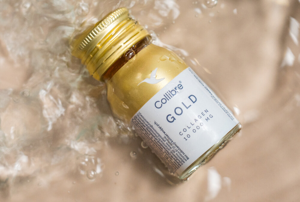 Kolagen COLLIBRE Gold shot 15 x 30 ml buteleczka kolagenu położona na wodzie skuteczność przyjemność stosowania o delikatnym brzoskwiniowym smaku gotowe do spożycia poręczna forma jedna buteleczka dziennie