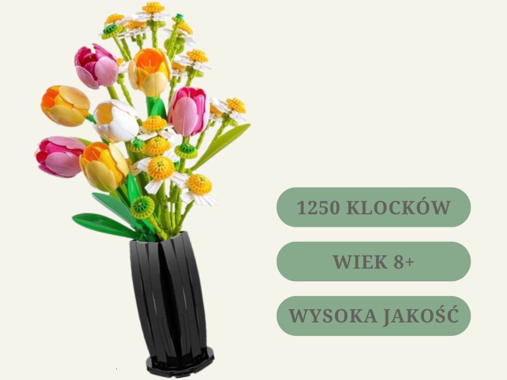 Klocki plastikowe QBI Tulip blocks SA258845 zbliżenia na elementy bukietu róże drobne kwiaty wstążka pomysł na prezent dekoracja domu własnoręczne wykonanie bukiet który nie więdnie