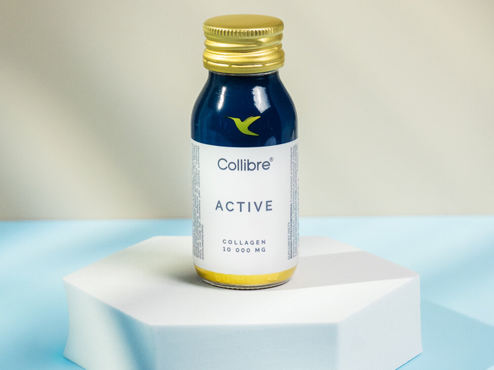 Kolagen COLLIBRE Active shot 15 x 60 ml buteleczka stoi na postumencie ekstrakt z pędów bambusa 12 mg bogaty w krzemionkę poprawia kondycję skóry redukuje dolegliwości stawów