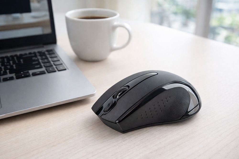 Na drewnianym biurku znajduje się czarna mysz komputerowa obok otwartego laptopa i białego kubka z napojem. Mysz ma ergonomiczny kształt i widoczne przyciski na górze.