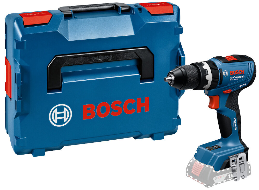 Wiertarko-wkrętarka BOSCH Professional GSB 18V-65 06019N3301 walizka i wiertarka na białym tle wysokiej klasy elektronarzędzie walizka transportowa zabezpieczy sprzęt podczas przenoszenia i transportu z niezwykle twardego i wytrzymałego tworzywa sztucznego wysoka odporność na uderzenia