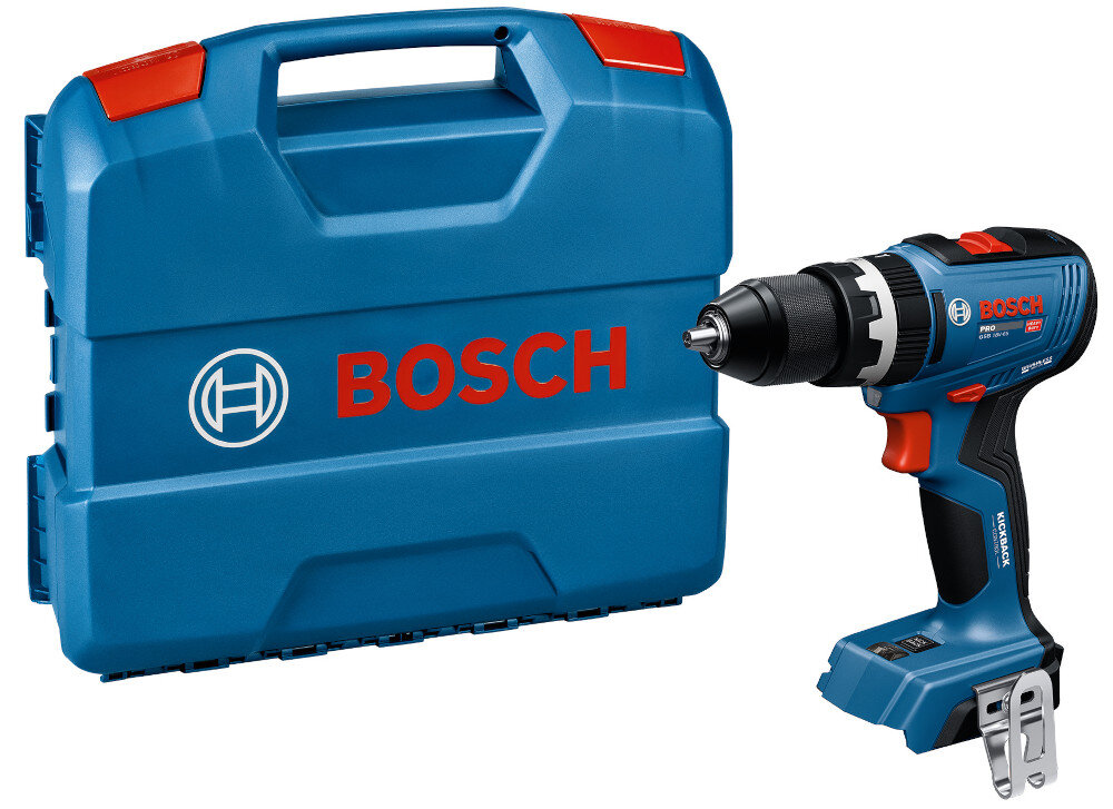 Wiertarko-wkrętarka BOSCH Professional GSB 18V-65 06019N3100 walizka i wiertarka na białym tle wysokiej klasy elektronarzędzie walizka transportowa zabezpieczy sprzęt podczas przenoszenia i transportu z niezwykle twardego i wytrzymałego tworzywa sztucznego wysoka odporność na uderzenia