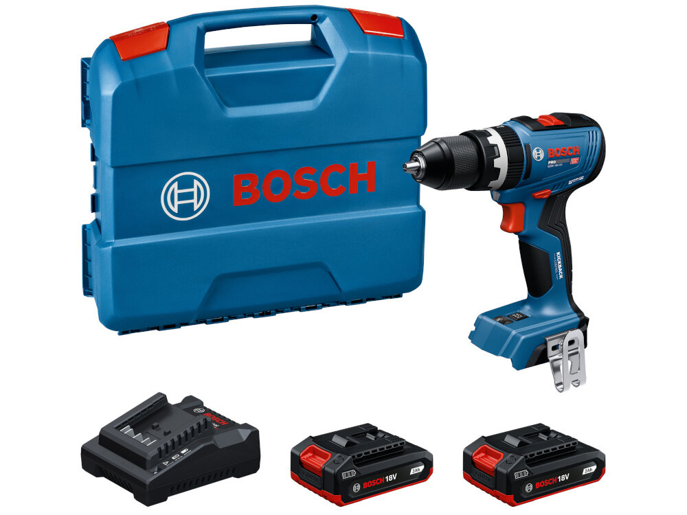 Wiertarko-wkrętarka BOSCH Professional GSB 18V-65 06019N3100 zestaw na białym tle w zestawie wiertarko-wkrętarka 2 akumulatory ładowarka walizka dokumentacja