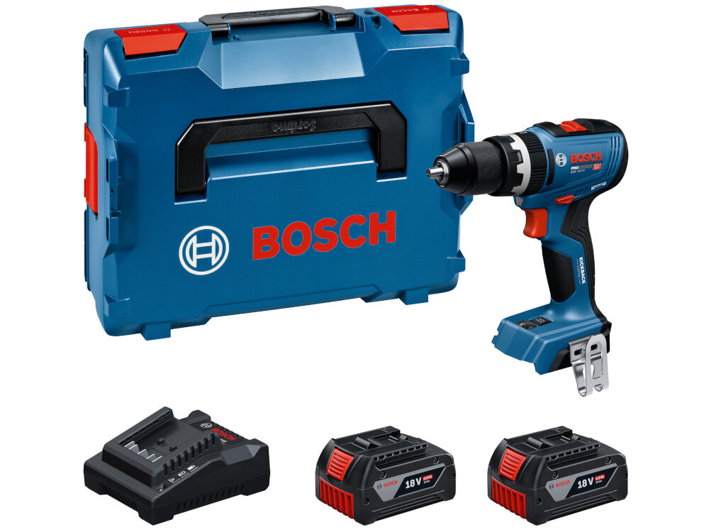 Wiertarko-wkrętarka BOSCH Professional GSB 18V-65 06019N3303 zestaw na białym tle w zestawie wiertarko-wkrętarka 2 akumulatory ładowarka walizka dokumentacja