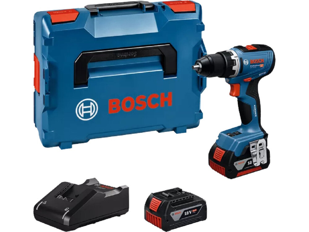 Wiertarko-wkrętarka BOSCH Professional GSR 18V-65 06019N3203 zestaw na białym tle w zestawie wiertarko-wkrętarka dwa akumulatory ładowarka walizka zaczep do paska dokumentacja